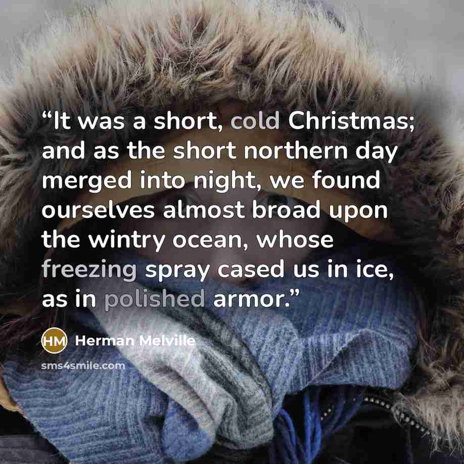 “It was a short, cold Christmas; and as the short northern day merged into night, we found ourselves almost broad upon the wintry ocean, whose freezing spray cased us in ice, as in polished armor.” quote by Herman Melville
