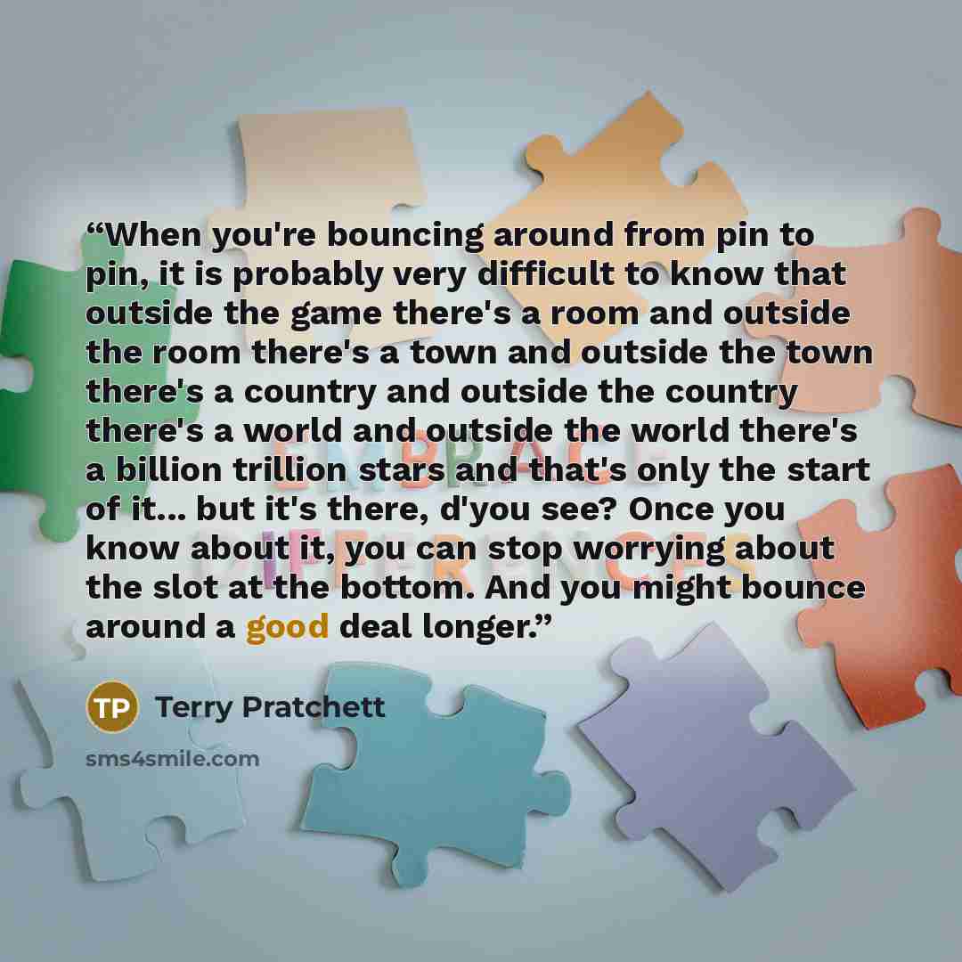 “When you're bouncing around from pin to pin, it is probably very difficult to know that outside the game there's a room and outside the room there's a town and outside the town there's a country and outside the country there's a world and outside the world there's a billion trillion stars and…” quote by Terry Pratchett