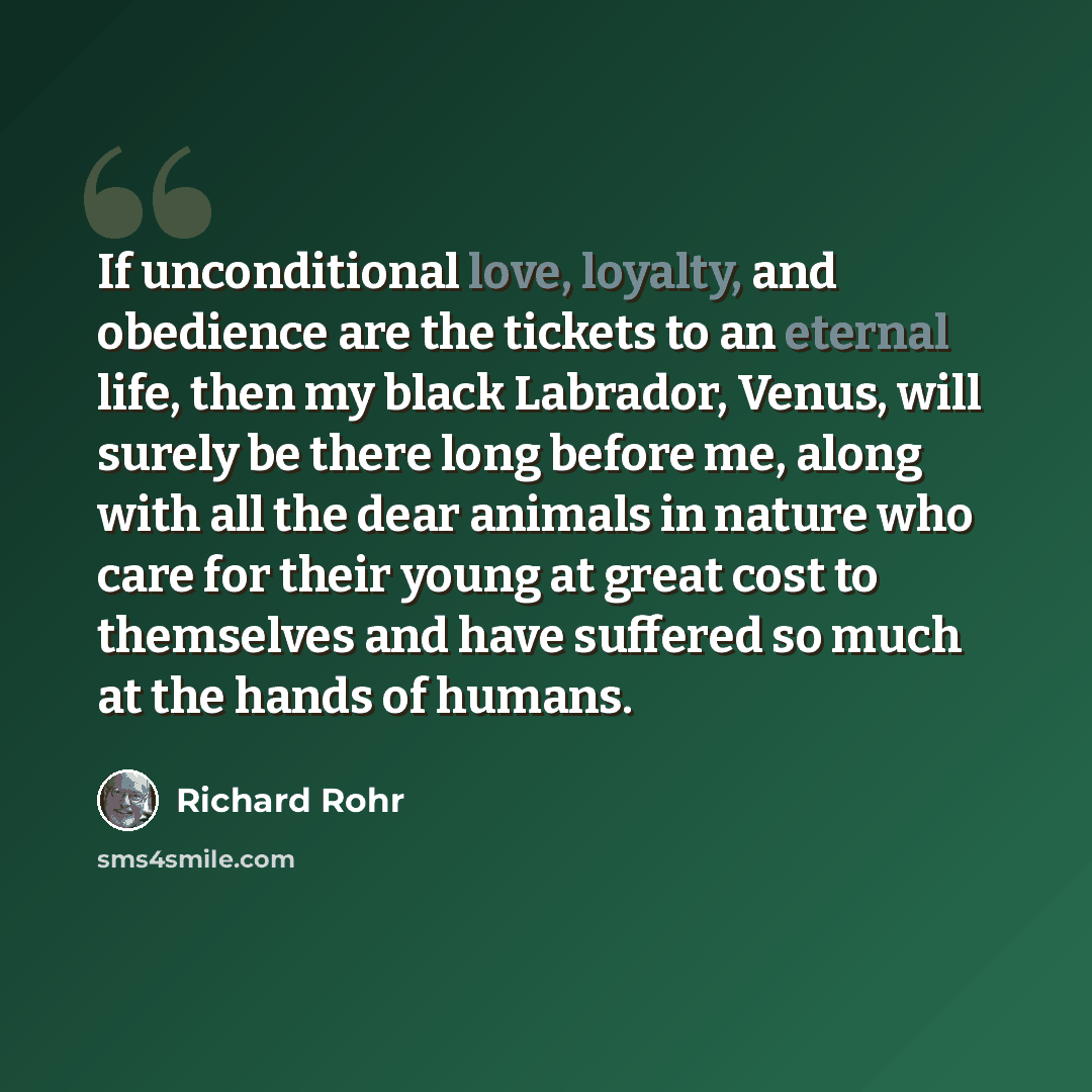 “If unconditional love, loyalty, and obedience are the tickets to an eternal life, then my black Labrador, Venus, will surely be there long before me, along with all the dear animals in nature who care for their young at great cost to themselves and have suffered so much at the hands of humans.” quote by Richard Rohr