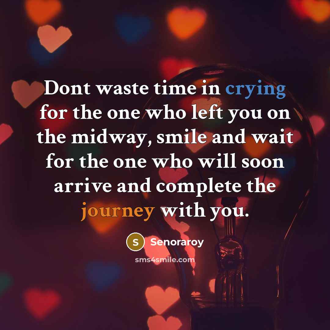 “Dont waste time in crying for the one who left you on the midway, smile and wait for the one who will soon arrive and complete the journey with you.” quote by Senoraroy