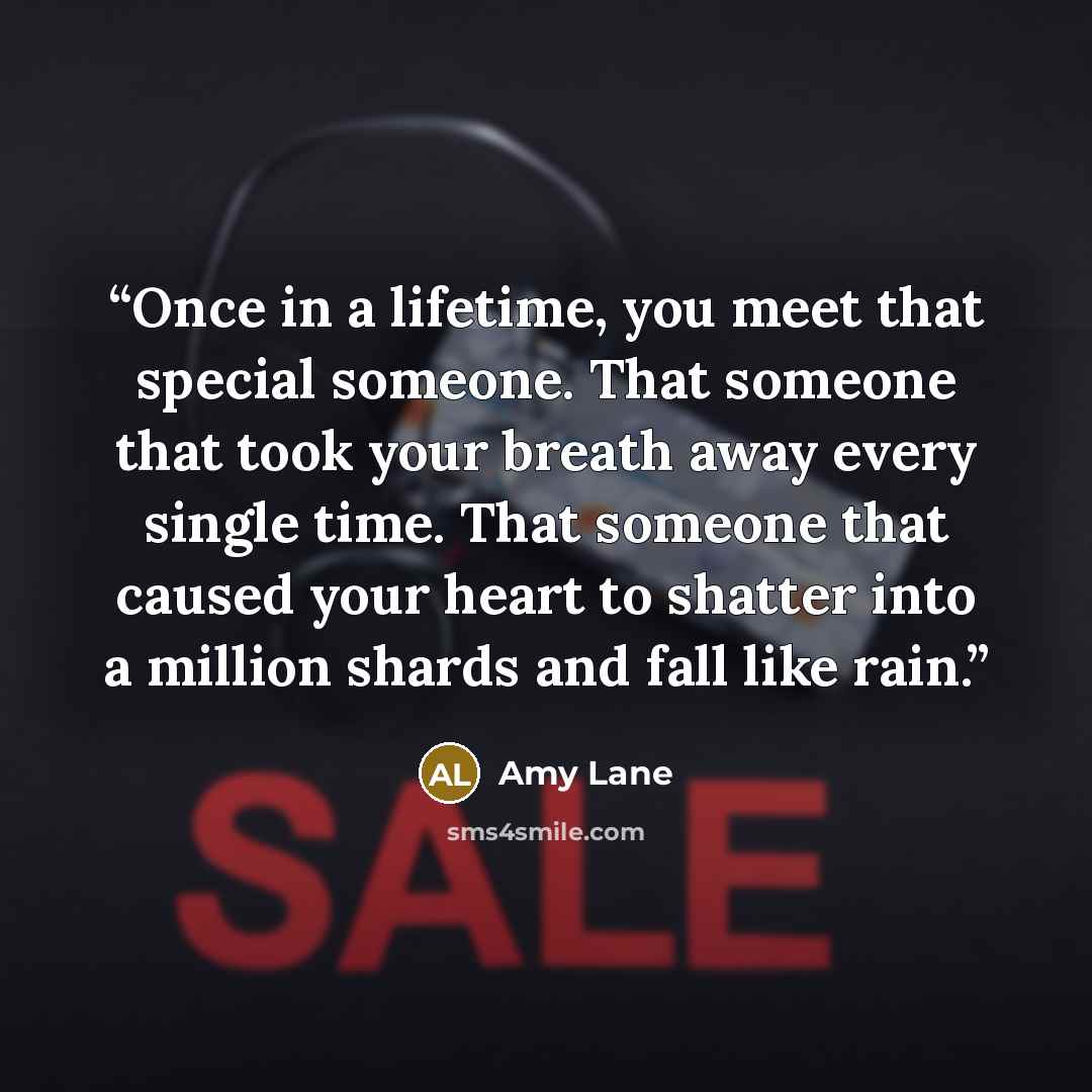 “Once in a lifetime, you meet that special someone. That someone that took your breath away every single time. That someone that caused your heart to shatter into a million shards and fall like rain.” quote by Amy Lane