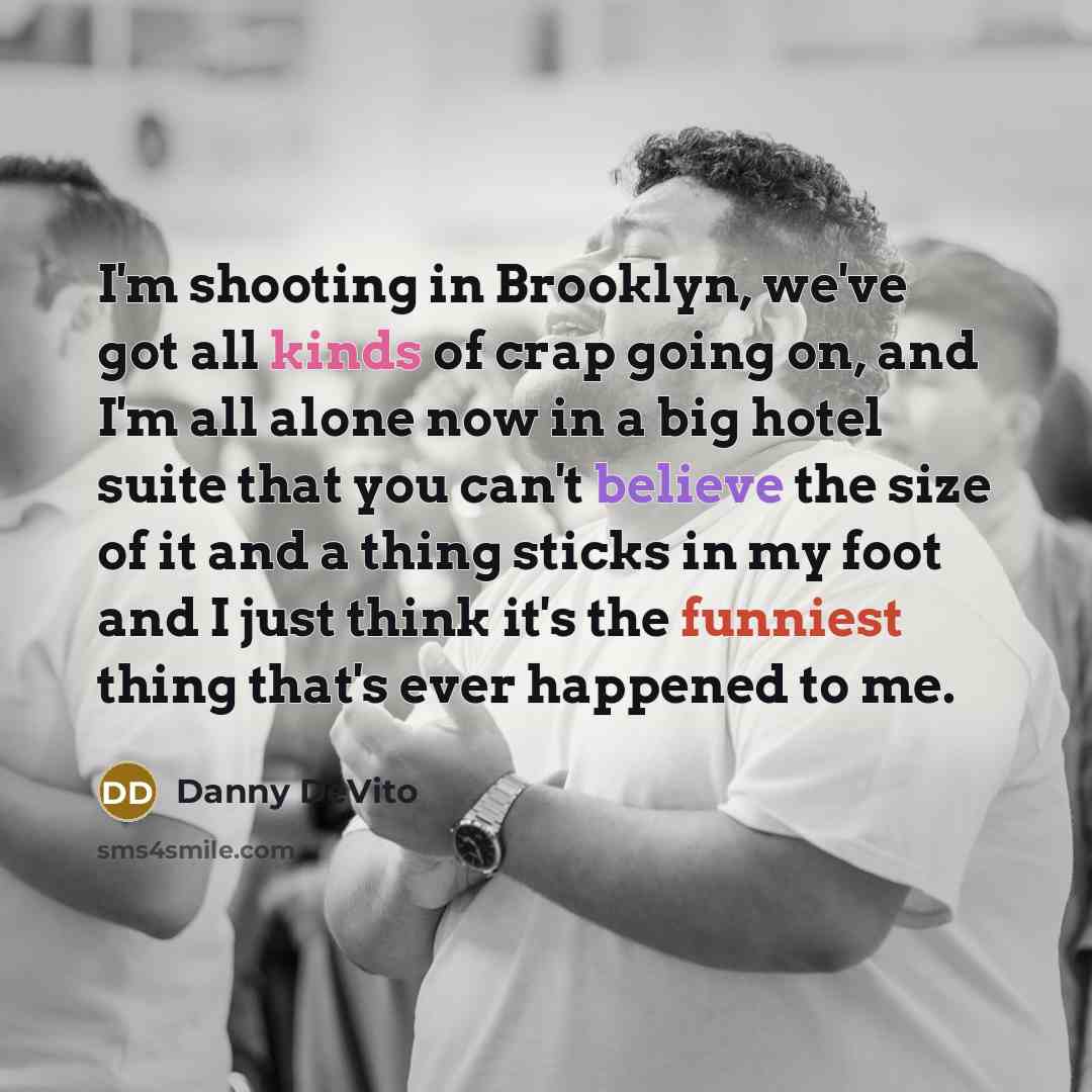 “I'm shooting in Brooklyn, we've got all kinds of crap going on, and I'm all alone now in a big hotel suite that you can't believe the size of it and a thing sticks in my foot and I just think it's the funniest thing that's ever happened to me.” quote by Danny DeVito