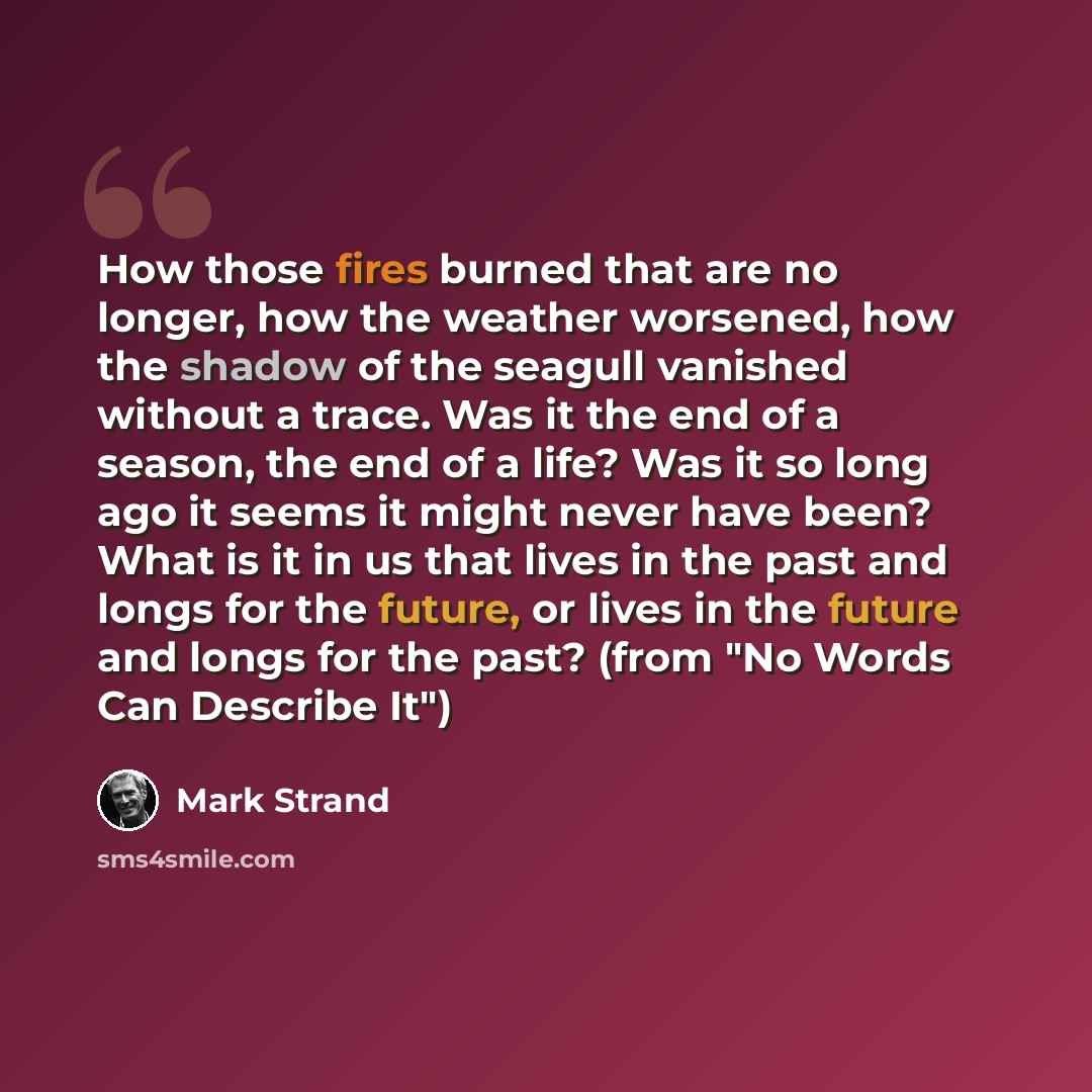 “How those fires burned that are no longer, how the weather worsened, how the shadow of the seagull vanished without a trace. Was it the end of a season, the end of a life? Was it so long ago it seems it might never have been? What is it in us that lives in the past and longs for the future, or…” quote by Mark Strand