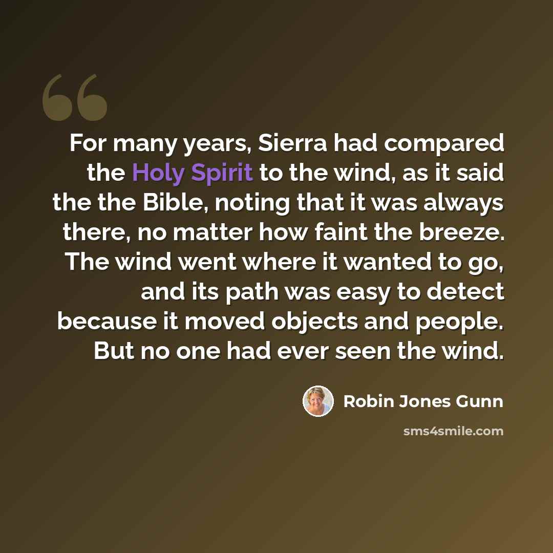 “For many years, Sierra had compared the Holy Spirit to the wind, as it said the the Bible, noting that it was always there, no matter how faint the breeze. The wind went where it wanted to go, and its path was easy to detect because it moved objects and people. But no one had ever seen the wind.” quote by Robin Jones Gunn
