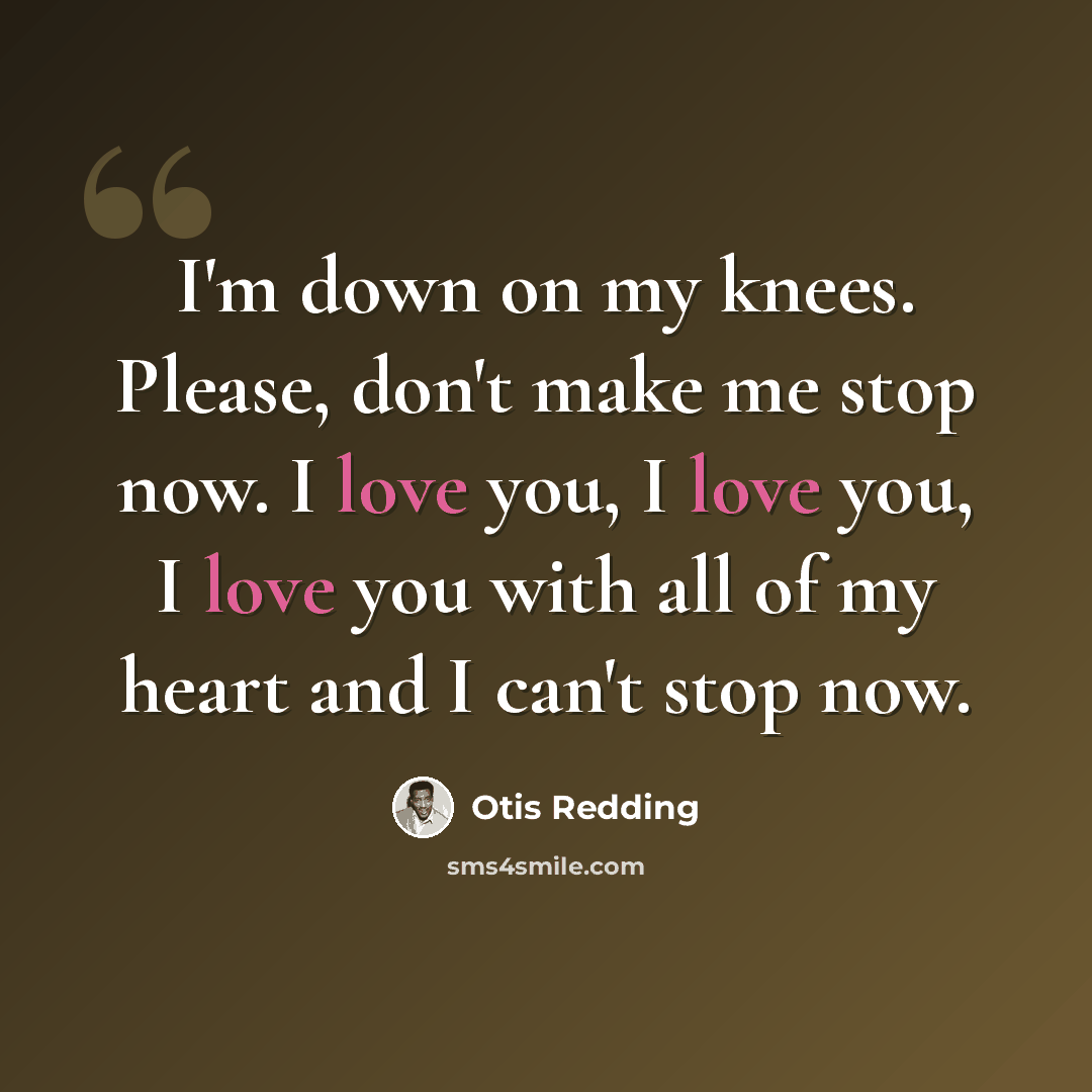 “I'm down on my knees. Please, don't make me stop now. I love you, I love you, I love you with all of my heart and I can't stop now.” quote by Otis Redding