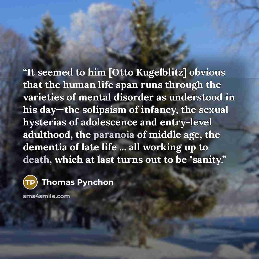 “It seemed to him [Otto Kugelblitz] obvious that the human life span runs through the varieties of mental disorder as understood in his day—the solipsism of infancy, the sexual hysterias of adolescence and entry-level adulthood, the paranoia of middle age, the dementia of late life ... all working…” quote by Thomas Pynchon