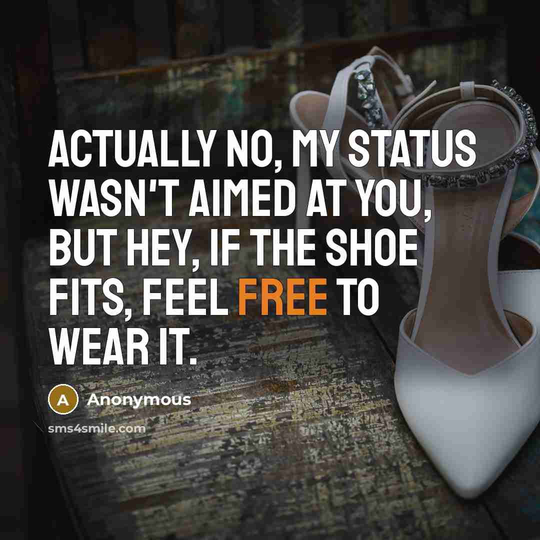 “Actually no, my status wasn't aimed at you, but hey, if the shoe fits, feel free to wear it.” quote by Anonymous