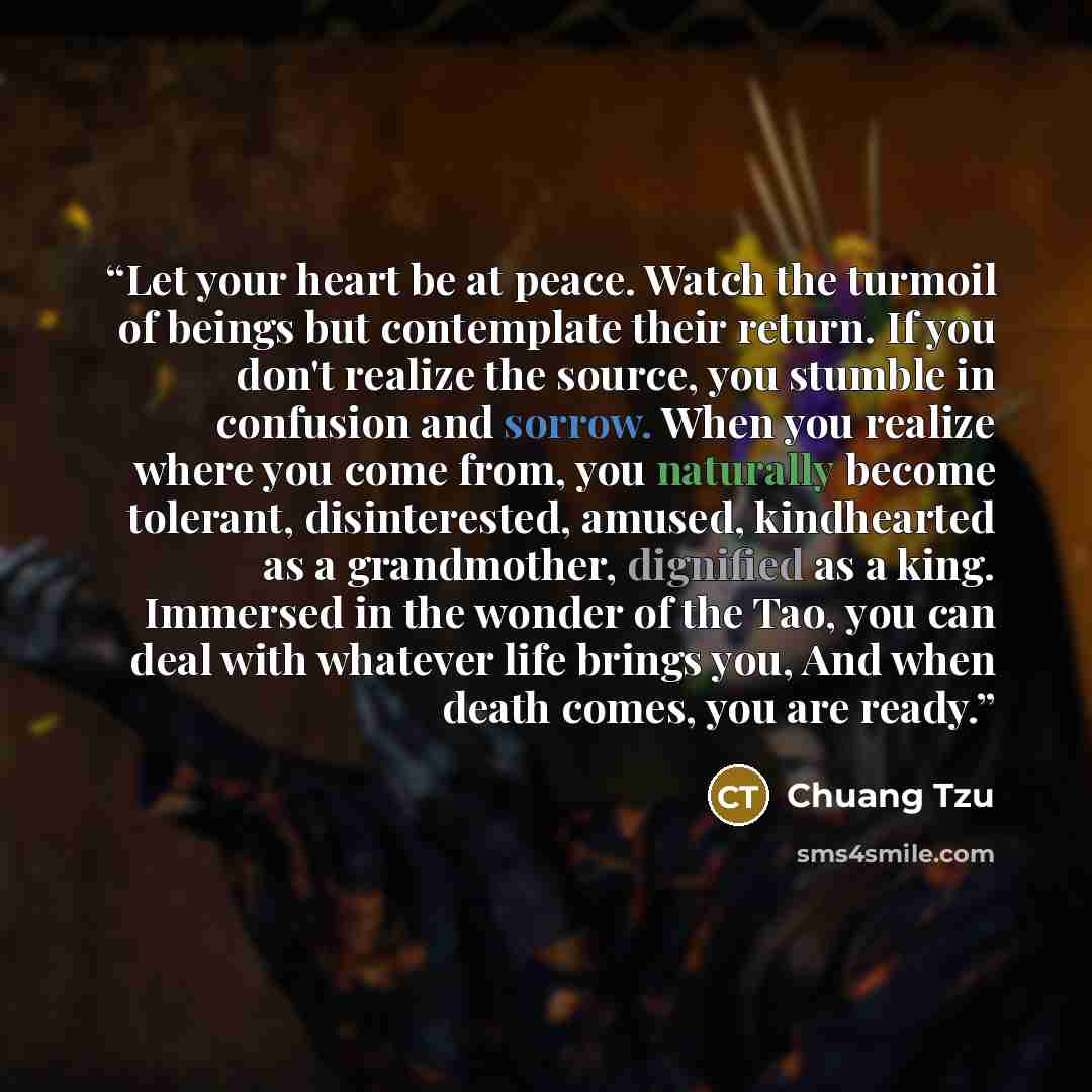 “Let your heart be at peace. Watch the turmoil of beings but contemplate their return. If you don't realize the source, you stumble in confusion and sorrow. When you realize where you come from, you naturally become tolerant, disinterested, amused, kindhearted as a grandmother, dignified as a king…” quote by Chuang Tzu