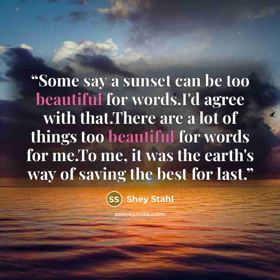 “Some say a sunset can be too beautiful for words.I'd agree with that.There are a lot of things too beautiful for words for me.To me, it was the earth's way of saving the best for last.” quote by Shey Stahl