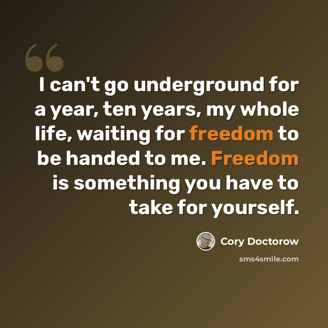 “I can't go underground for a year, ten years, my whole life, waiting for freedom to be handed to me. Freedom is something you have to take for yourself.” quote by Cory Doctorow