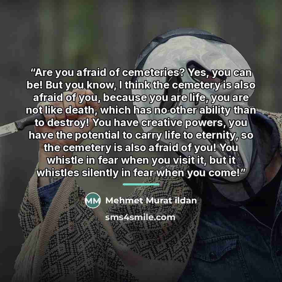 “Are you afraid of cemeteries? Yes, you can be! But you know, I think the cemetery is also afraid of you, because you are life, you are not like death, which has no other ability than to destroy! You have creative powers, you have the potential to carry life to eternity, so the cemetery is also…” quote by Mehmet Murat ildan