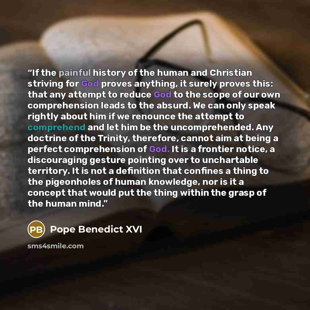“If the painful history of the human and Christian striving for God proves anything, it surely proves this: that any attempt to reduce God to the scope of our own comprehension leads to the absurd. We can only speak rightly about him if we renounce the attempt to comprehend and let him be the…” quote by Pope Benedict XVI