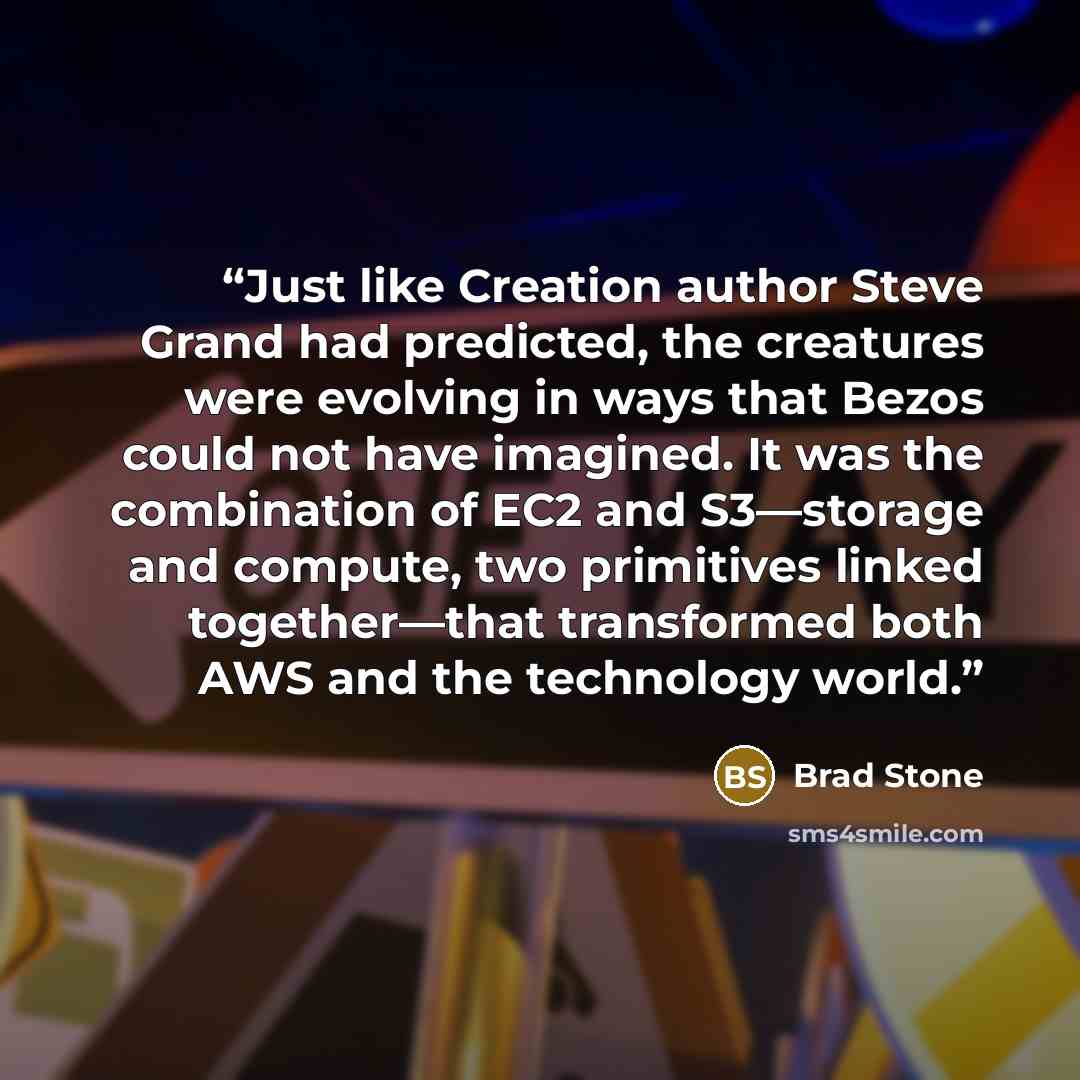 “Just like Creation author Steve Grand had predicted, the creatures were evolving in ways that Bezos could not have imagined. It was the combination of EC2 and S3—storage and compute, two primitives linked together—that transformed both AWS and the technology world.” quote by Brad Stone