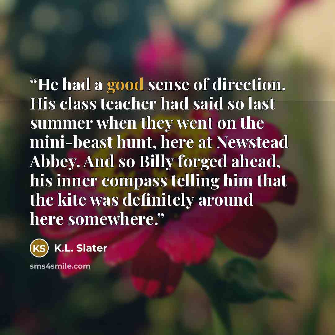 “He had a good sense of direction. His class teacher had said so last summer when they went on the mini-beast hunt, here at Newstead Abbey. And so Billy forged ahead, his inner compass telling him that the kite was definitely around here somewhere.” quote by K.L. Slater