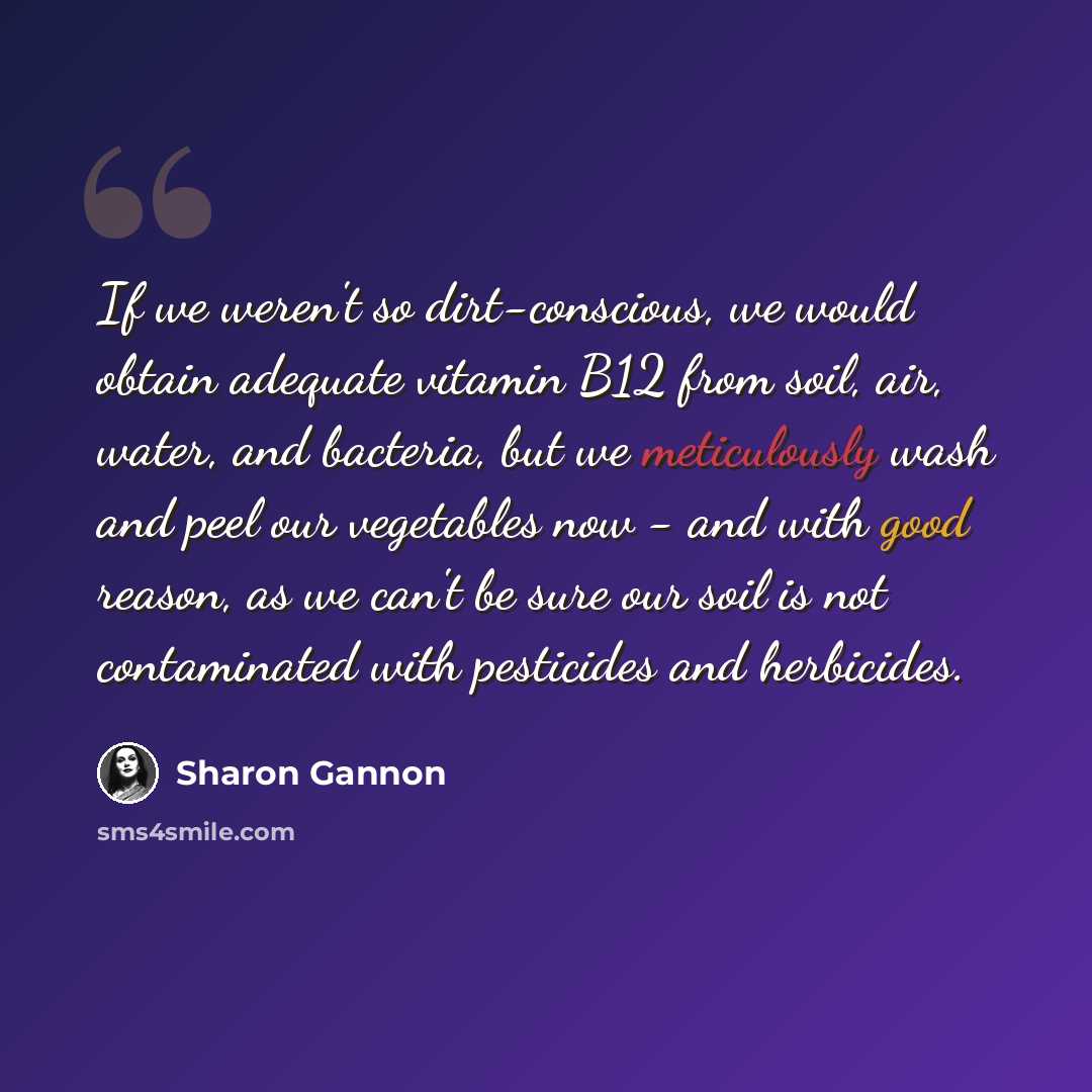 “If we weren't so dirt-conscious, we would obtain adequate vitamin B12 from soil, air, water, and bacteria, but we meticulously wash and peel our vegetables now - and with good reason, as we can't be sure our soil is not contaminated with pesticides and herbicides.” quote by Sharon Gannon