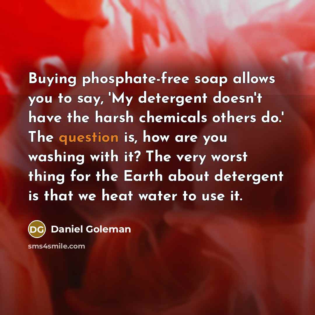 “Buying phosphate-free soap allows you to say, 'My detergent doesn't have the harsh chemicals others do.' The question is, how are you washing with it? The very worst thing for the Earth about detergent is that we heat water to use it.” quote by Daniel Goleman