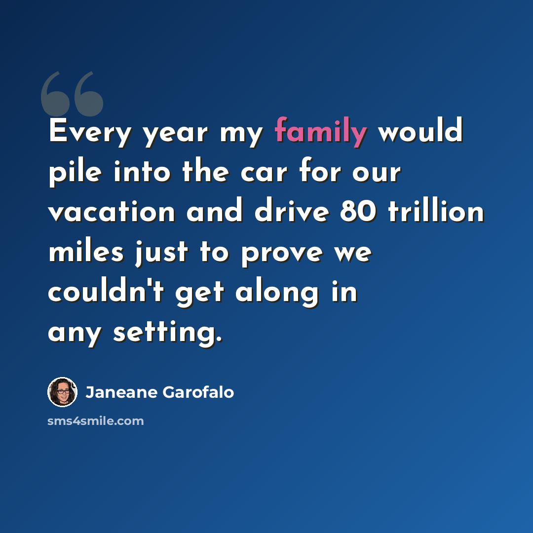 “Every year my family would pile into the car for our vacation and drive 80 trillion miles just to prove we couldn't get along in any setting.” quote by Janeane Garofalo