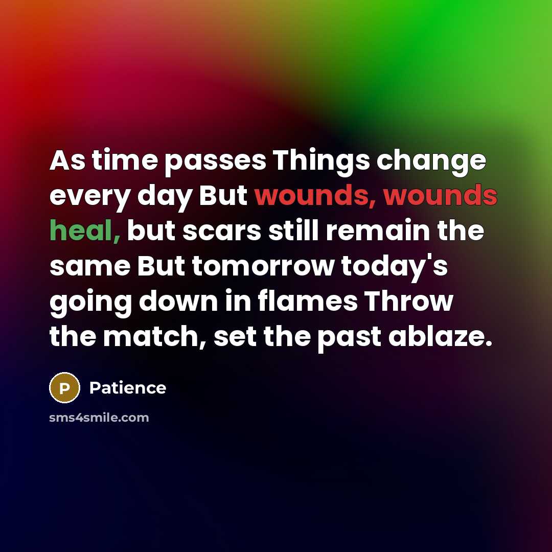 “As time passes Things change every day But wounds, wounds heal, but scars still remain the same But tomorrow today's going down in flames Throw the match, set the past ablaze.” quote by Patience