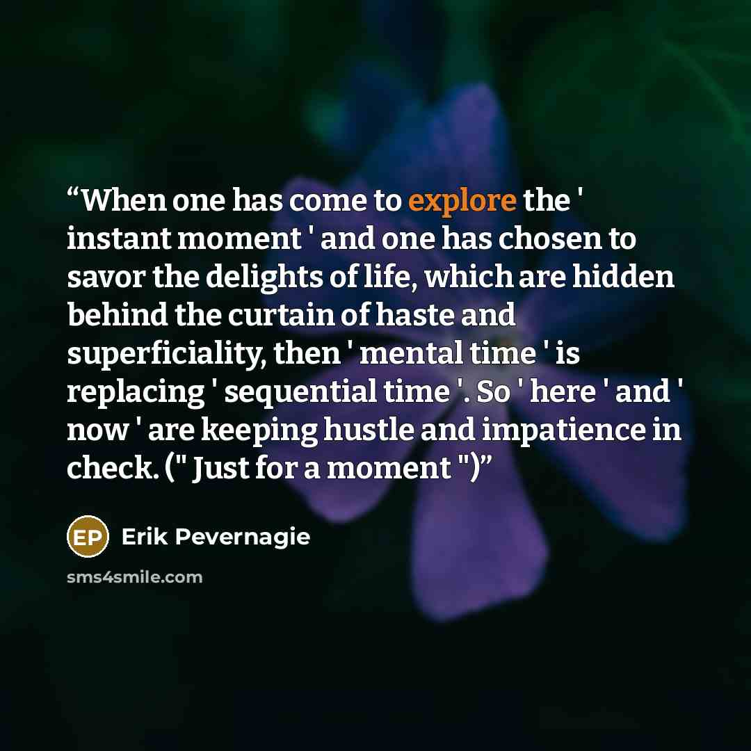 “When one has come to explore the ' instant moment ' and one has chosen to savor the delights of life, which are hidden behind the curtain of haste and superficiality, then ' mental time ' is replacing ' sequential time '. So ' here ' and ' now ' are keeping hustle and impatience in check. (" Just…” quote by Erik Pevernagie