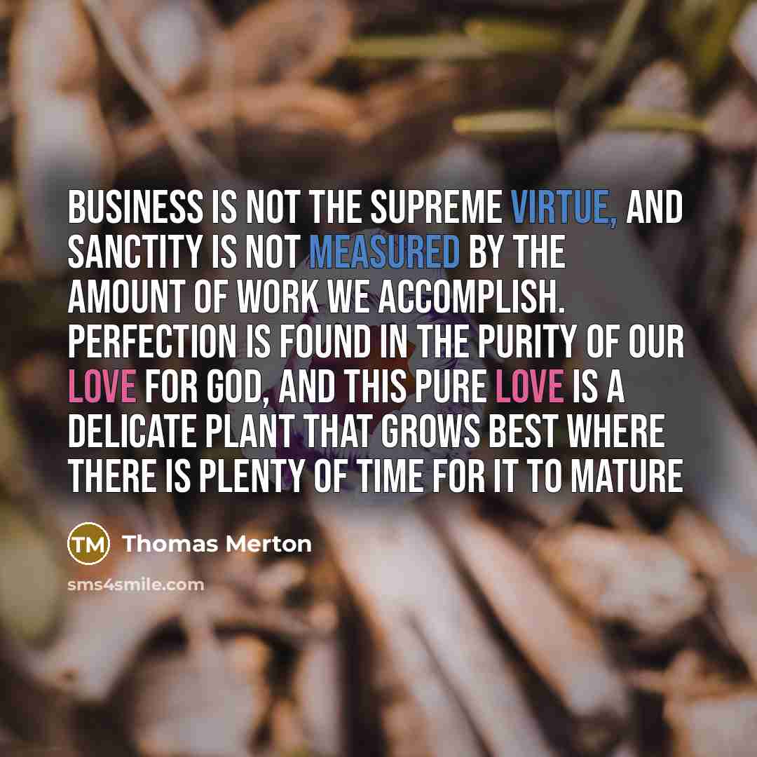 “Business is not the supreme virtue, and sanctity is not measured by the amount of work we accomplish. Perfection is found in the purity of our love for God, and this pure love is a delicate plant that grows best where there is plenty of time for it to mature” quote by Thomas Merton