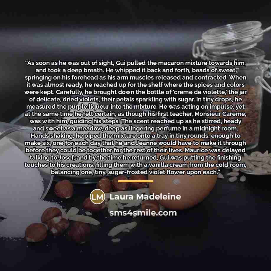 “As soon as he was out of sight, Gui pulled the macaron mixture towards him, and took a deep breath. He whipped it back and forth, beads of sweat springing on his forehead as his arm muscles released and contracted. When it was almost ready, he reached up for the shelf where the spices and colors…” quote by Laura Madeleine