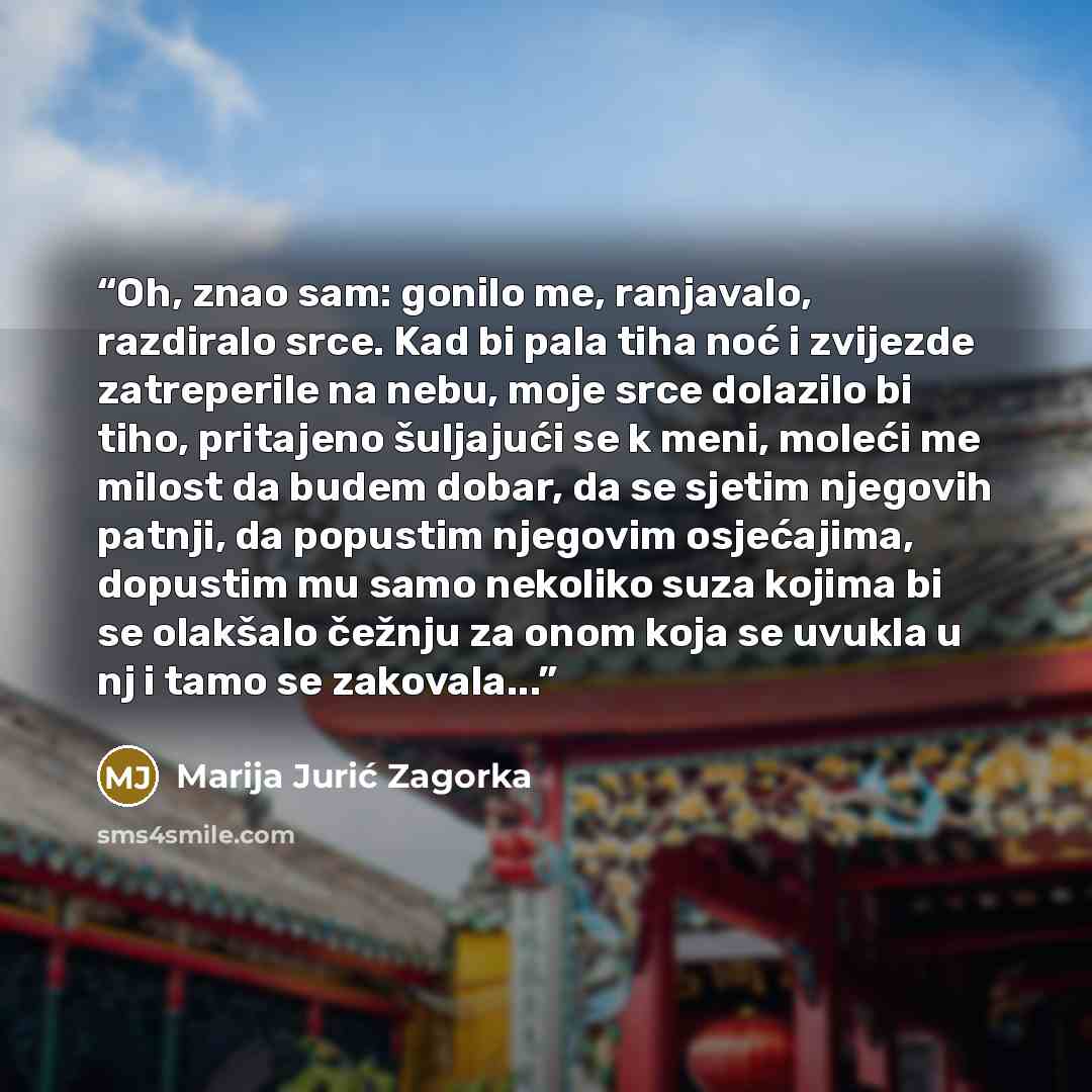 “Oh, znao sam: gonilo me, ranjavalo, razdiralo srce. Kad bi pala tiha noć i zvijezde zatreperile na nebu, moje srce dolazilo bi tiho, pritajeno šuljajući se k meni, moleći me milost da budem dobar, da se sjetim njegovih patnji, da popustim njegovim osjećajima, dopustim mu samo nekoliko suza kojima…” quote by Marija Jurić Zagorka