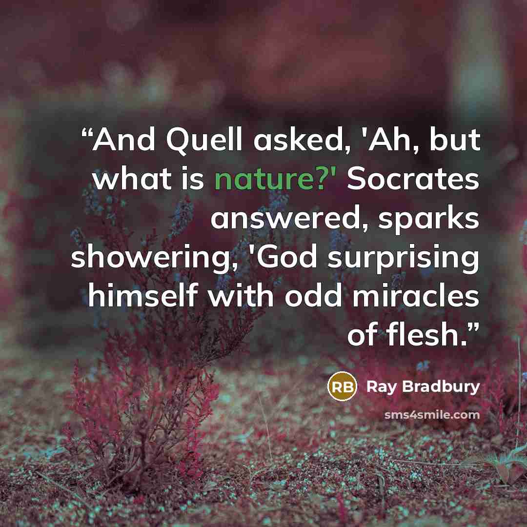 “And Quell asked, 'Ah, but what is nature?' Socrates answered, sparks showering, 'God surprising himself with odd miracles of flesh.” quote by Ray Bradbury