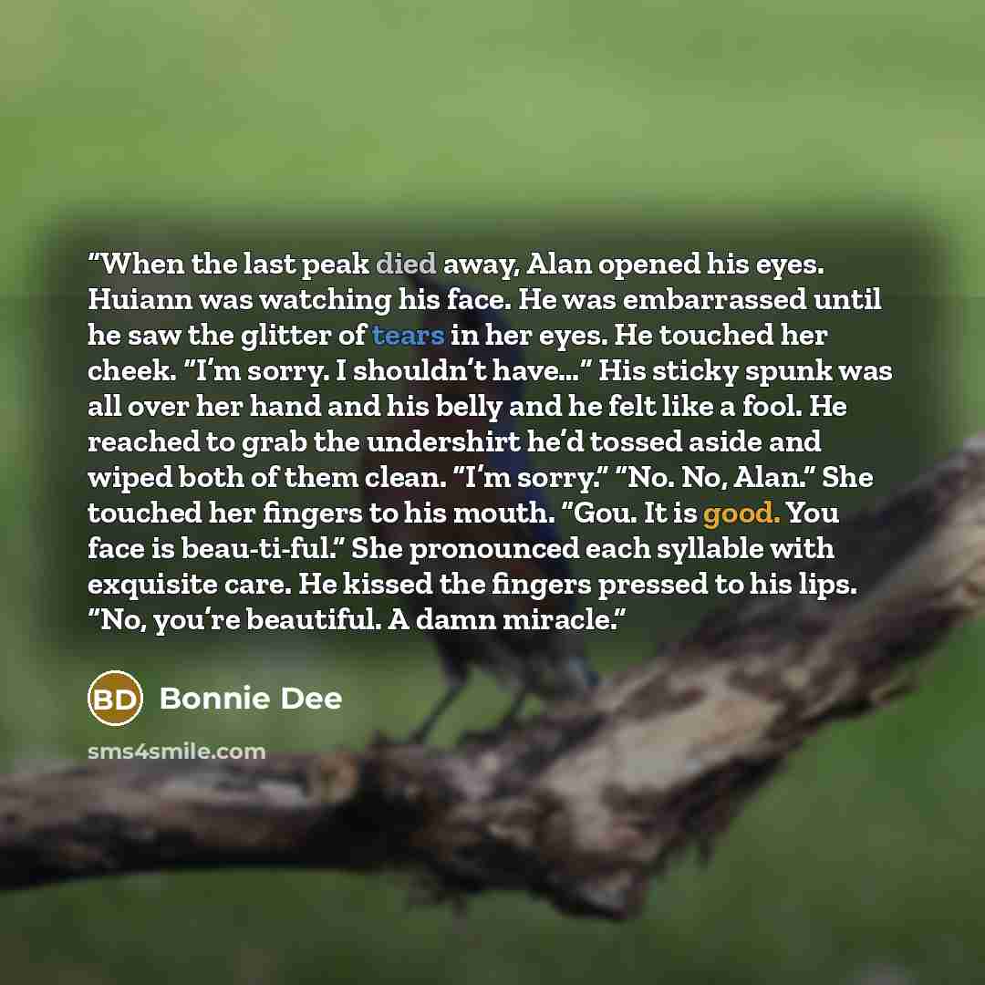 “When the last peak died away, Alan opened his eyes. Huiann was watching his face. He was embarrassed until he saw the glitter of tears in her eyes. He touched her cheek. “I’m sorry. I shouldn’t have…” His sticky spunk was all over her hand and his belly and he felt like a fool. He reached to grab…” quote by Bonnie Dee
