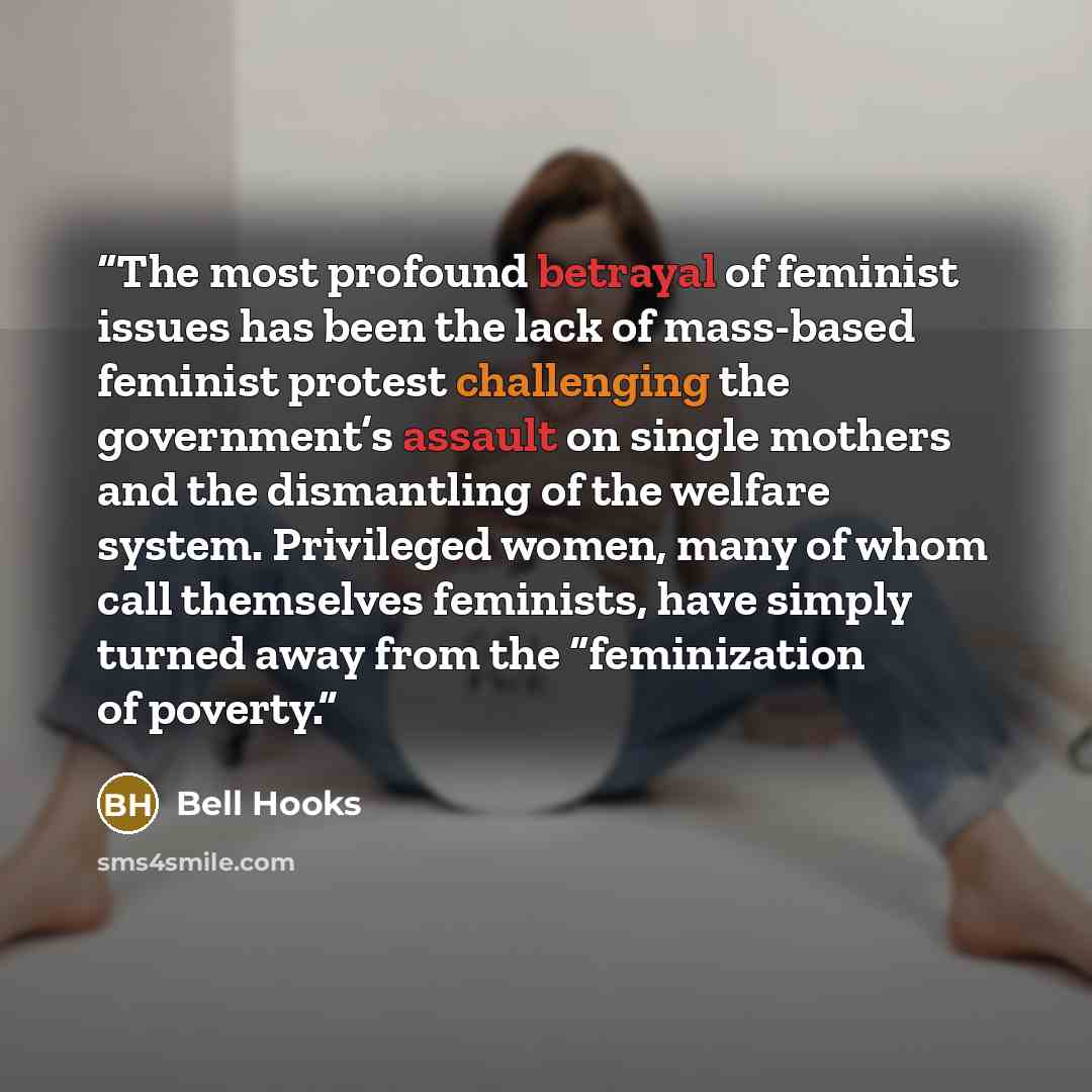 “The most profound betrayal of feminist issues has been the lack of mass-based feminist protest challenging the government’s assault on single mothers and the dismantling of the welfare system. Privileged women, many of whom call themselves feminists, have simply turned away from the “feminization…” quote by bell hooks