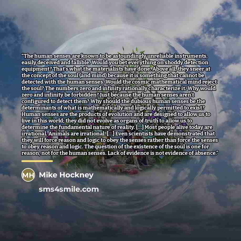 “The human senses are known to be astoundingly unreliable instruments, easily deceived and fallible. Would you bet everything on shoddy detection equipment? That’s what the materialists have done. Above all, they sneer at the concept of the soul (and mind) because it is something that cannot be…” quote by Mike Hockney