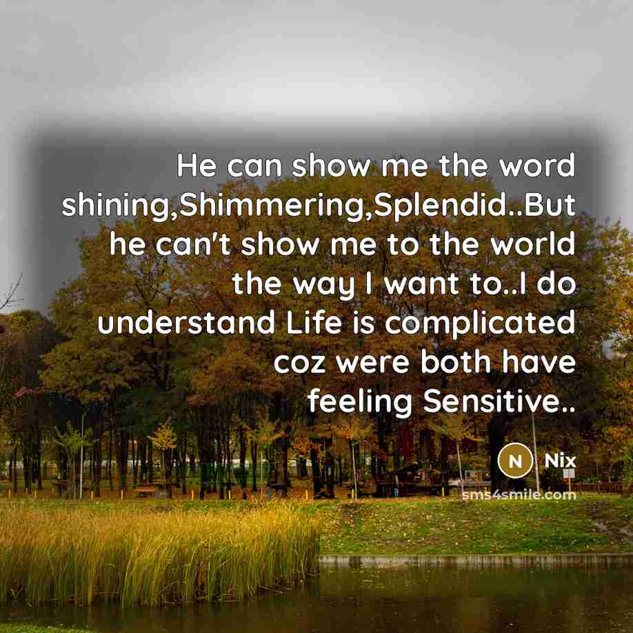 “He can show me the word shining,Shimmering,Splendid..But he can't show me to the world the way I want to..I do understand Life is complicated coz were both have feeling Sensitive..” quote by Nix