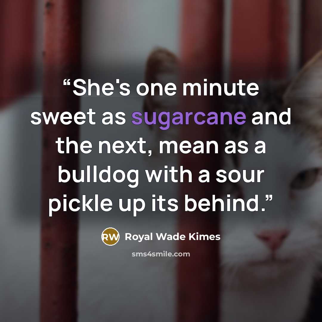 “She's one minute sweet as sugarcane and the next, mean as a bulldog with a sour pickle up its behind.” quote by Royal Wade Kimes