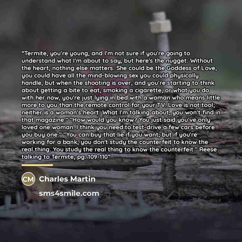 “Termite, you're young, and I'm not sure if you're going to understand what I'm about to say, but here's the nugget: Without the heart, nothing else matters. She could be the Goddess of Love, you could have all the mind-blowing sex you could physically handle, but when the shooting is over, and…” quote by Charles Martin