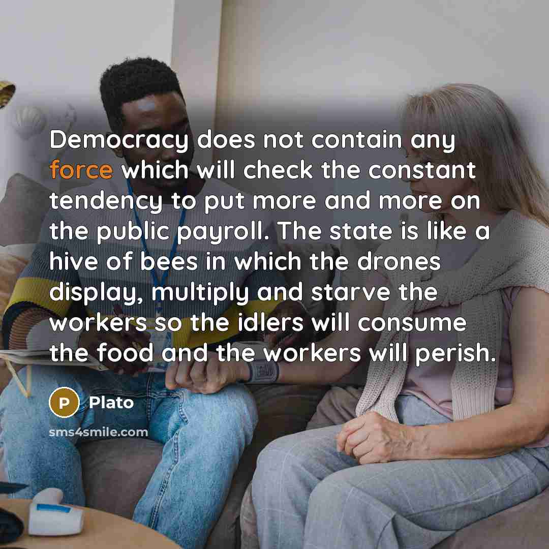 “Democracy does not contain any force which will check the constant tendency to put more and more on the public payroll. The state is like a hive of bees in which the drones display, multiply and starve the workers so the idlers will consume the food and the workers will perish.” quote by Plato
