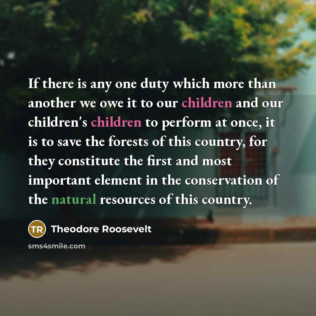 “If there is any one duty which more than another we owe it to our children and our children's children to perform at once, it is to save the forests of this country, for they constitute the first and most important element in the conservation of the natural resources of this country.” quote by Theodore Roosevelt