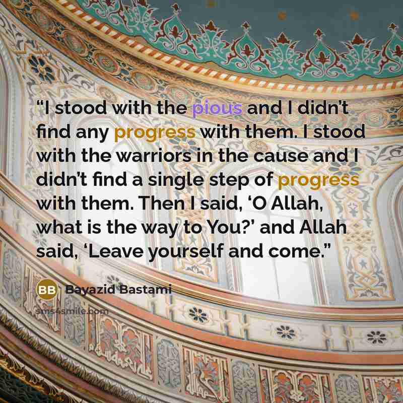 “I stood with the pious and I didn’t find any progress with them. I stood with the warriors in the cause and I didn’t find a single step of progress with them. Then I said, ‘O Allah, what is the way to You?’ and Allah said, ‘Leave yourself and come.” quote by Bayazid Bastami