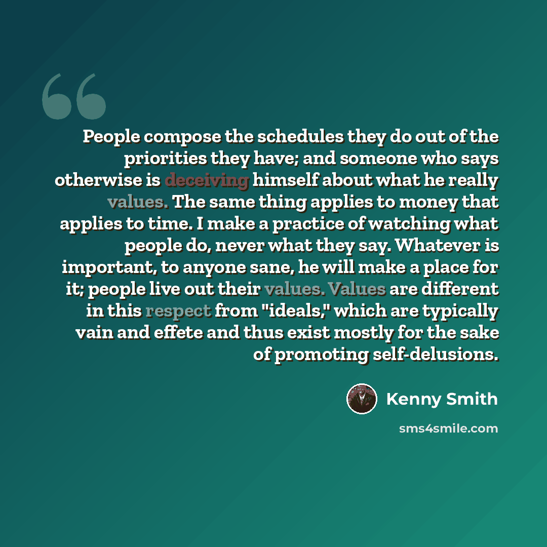 “People compose the schedules they do out of the priorities they have; and someone who says otherwise is deceiving himself about what he really values. The same thing applies to money that applies to time. I make a practice of watching what people do, never what they say. Whatever is important, to…” quote by Kenny Smith