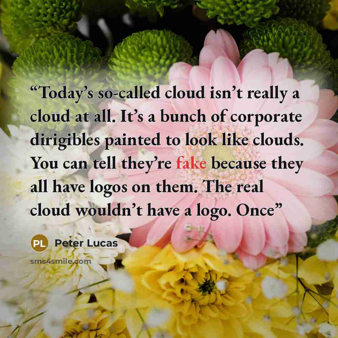 “Today’s so-called cloud isn’t really a cloud at all. It’s a bunch of corporate dirigibles painted to look like clouds. You can tell they’re fake because they all have logos on them. The real cloud wouldn’t have a logo. Once” quote by Peter Lucas