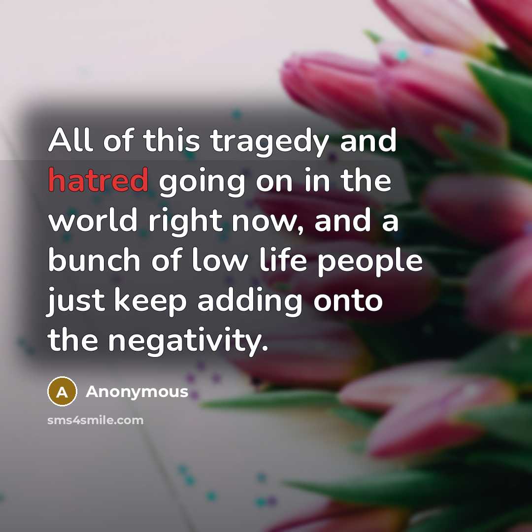 “All of this tragedy and hatred going on in the world right now, and a bunch of low life people just keep adding onto the negativity.” quote by Anonymous