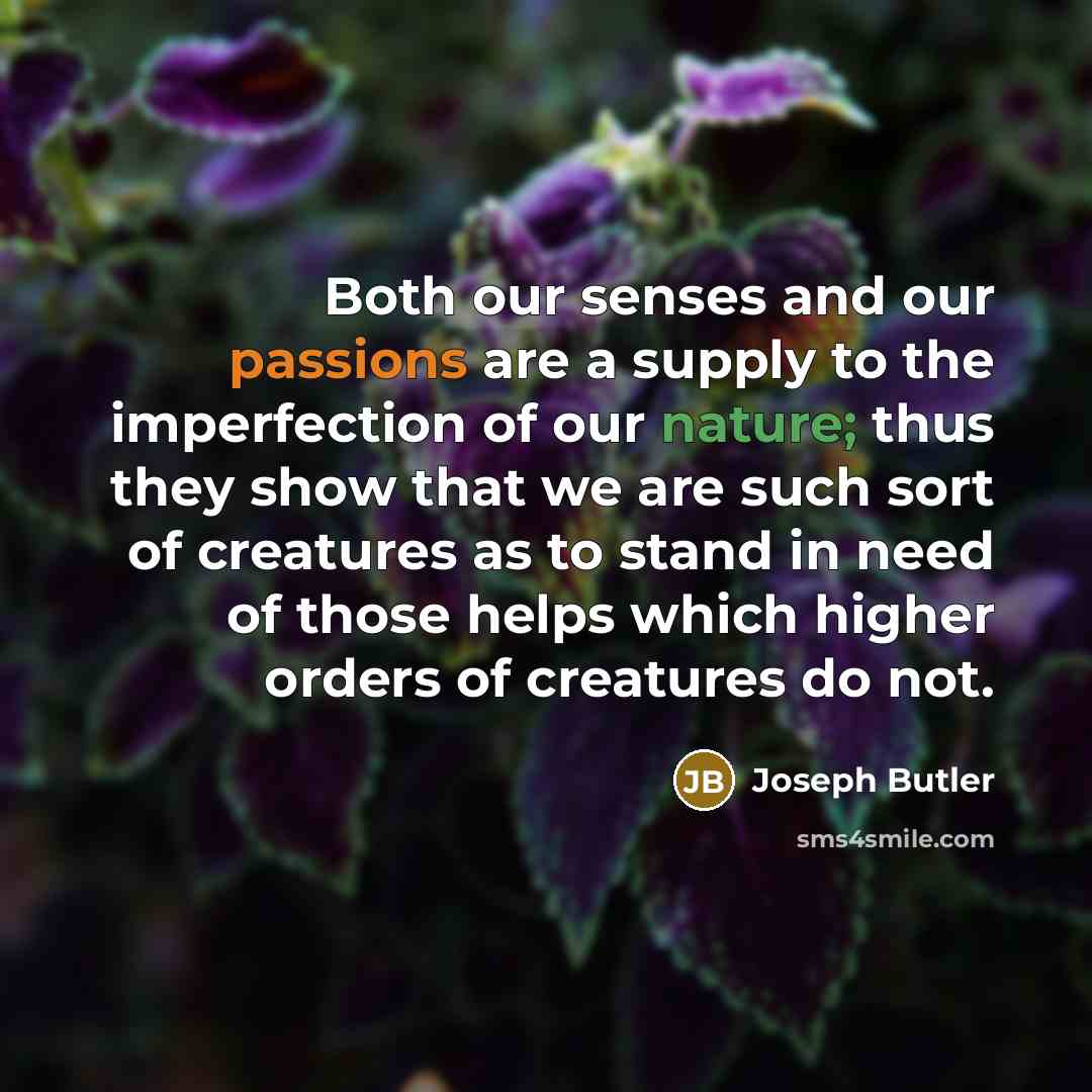 “Both our senses and our passions are a supply to the imperfection of our nature; thus they show that we are such sort of creatures as to stand in need of those helps which higher orders of creatures do not.” quote by Joseph Butler