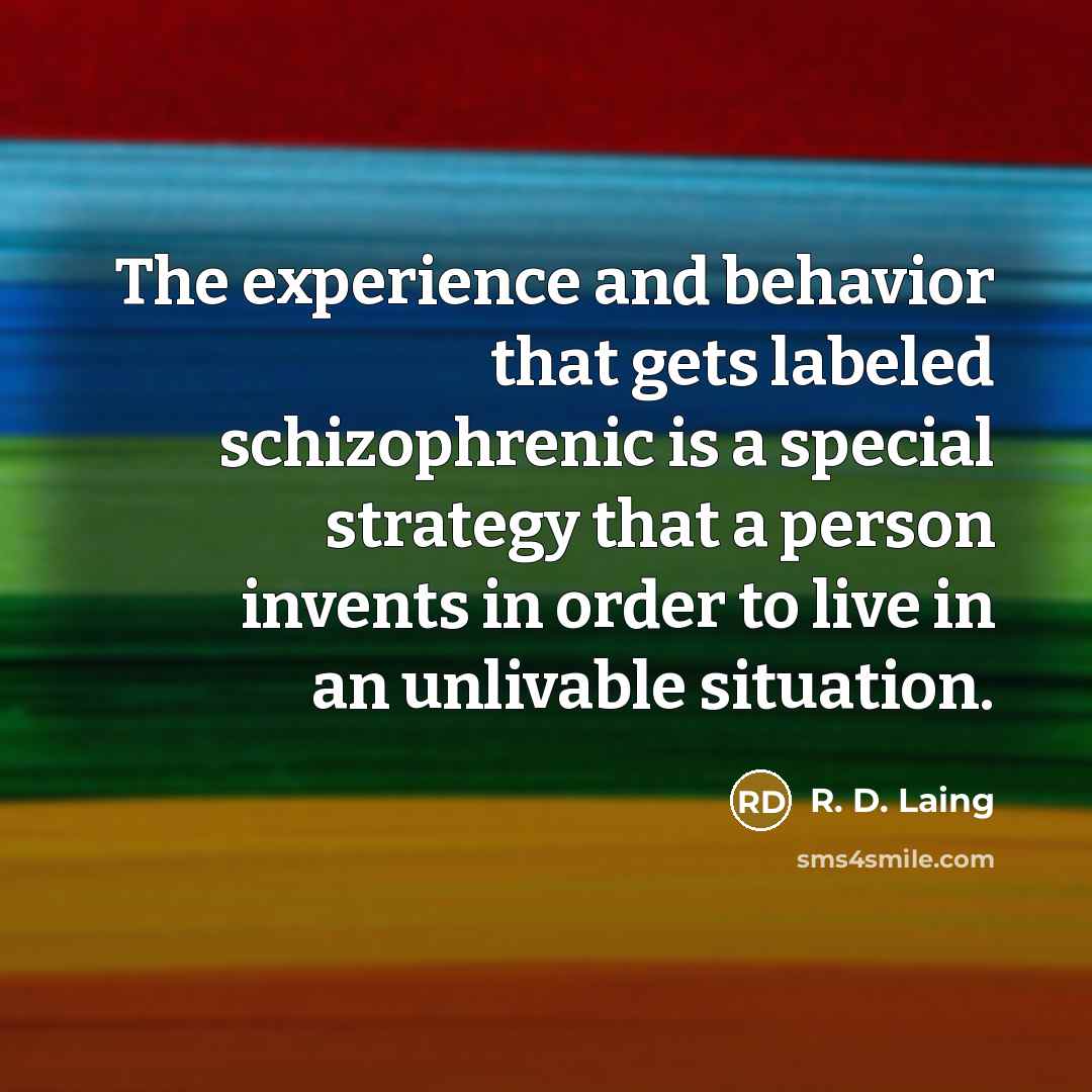 “The experience and behavior that gets labeled schizophrenic is a special strategy that a person invents in order to live in an unlivable situation.” quote by R. D. Laing