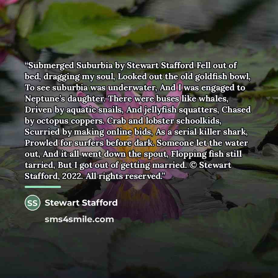 “Submerged Suburbia by Stewart Stafford Fell out of bed, dragging my soul, Looked out the old goldfish bowl, To see suburbia was underwater, And I was engaged to Neptune’s daughter. There were buses like whales, Driven by aquatic snails, And jellyfish squatters, Chased by octopus coppers. Crab and…” quote by Stewart Stafford
