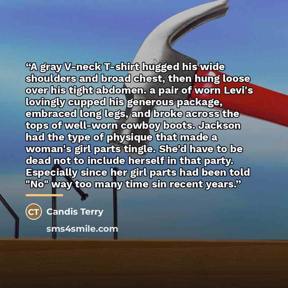 “A gray V-neck T-shirt hugged his wide shoulders and broad chest, then hung loose over his tight abdomen. a pair of worn Levi's lovingly cupped his generous package, embraced long legs, and broke across the tops of well-worn cowboy boots. Jackson had the type of physique that made a woman's girl…” quote by Candis Terry