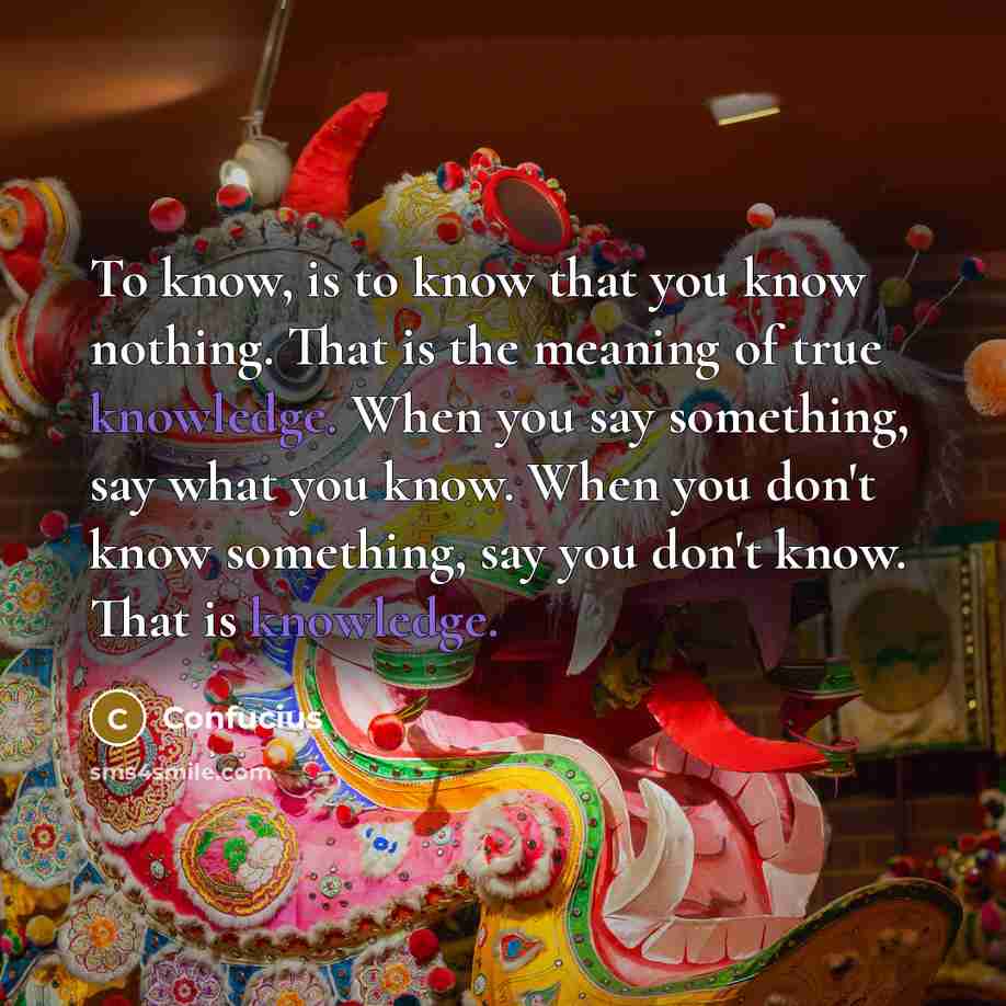 “To know, is to know that you know nothing. That is the meaning of true knowledge. When you say something, say what you know. When you don't know something, say you don't know. That is knowledge.” quote by Confucius