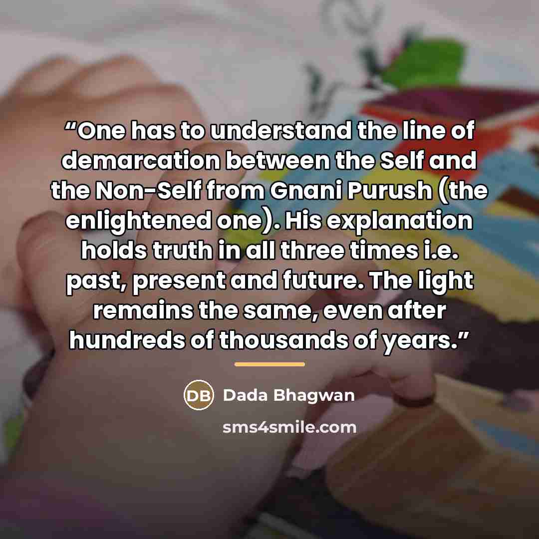 “One has to understand the line of demarcation between the Self and the Non-Self from Gnani Purush (the enlightened one). His explanation holds truth in all three times i.e. past, present and future. The light remains the same, even after hundreds of thousands of years.” quote by Dada Bhagwan