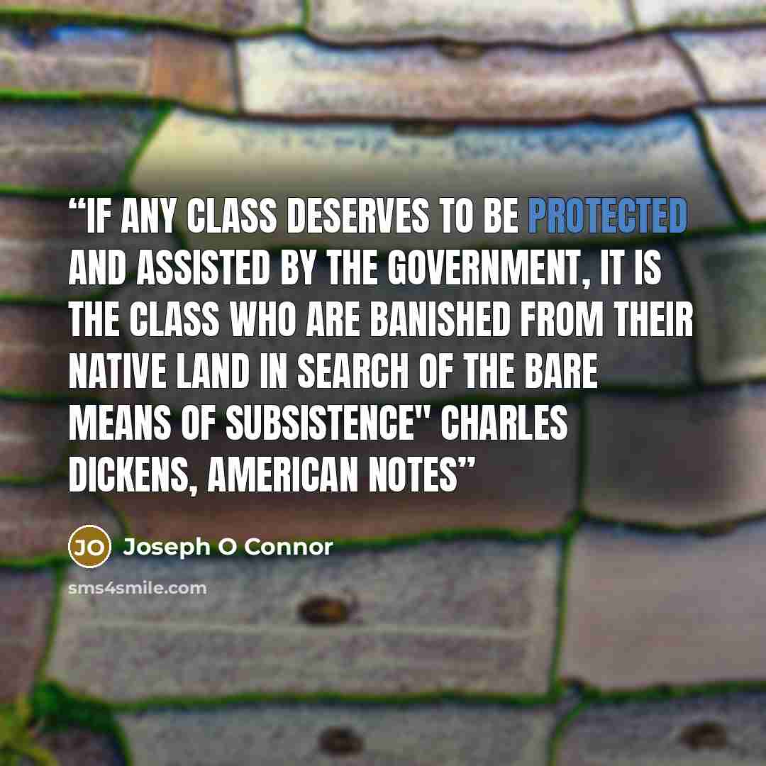 “If any class deserves to be protected and assisted by the government, it is the class who are banished from their native land in search of the bare means of subsistence" Charles dickens, american notes” quote by Joseph O Connor