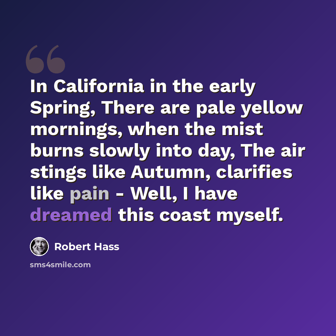 “In California in the early Spring, There are pale yellow mornings, when the mist burns slowly into day, The air stings like Autumn, clarifies like pain - Well, I have dreamed this coast myself.” quote by Robert Hass