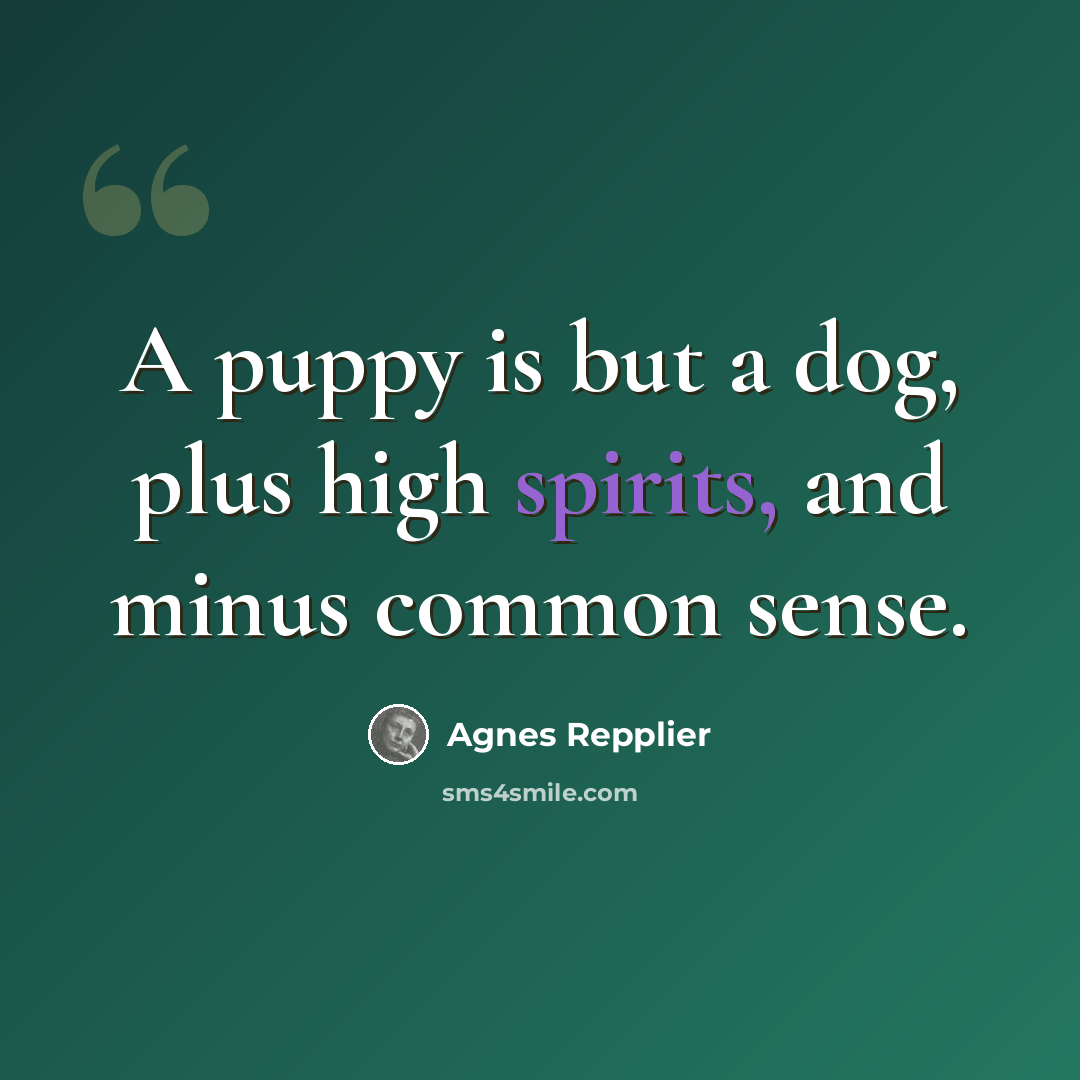“A puppy is but a dog, plus high spirits, and minus common sense.” quote by Agnes Repplier