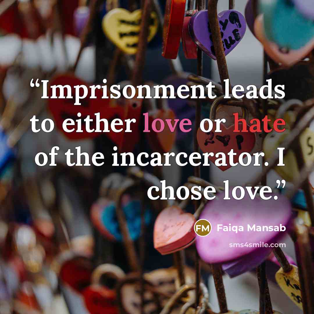 “Imprisonment leads to either love or hate of the incarcerator. I chose love.” quote by Faiqa Mansab