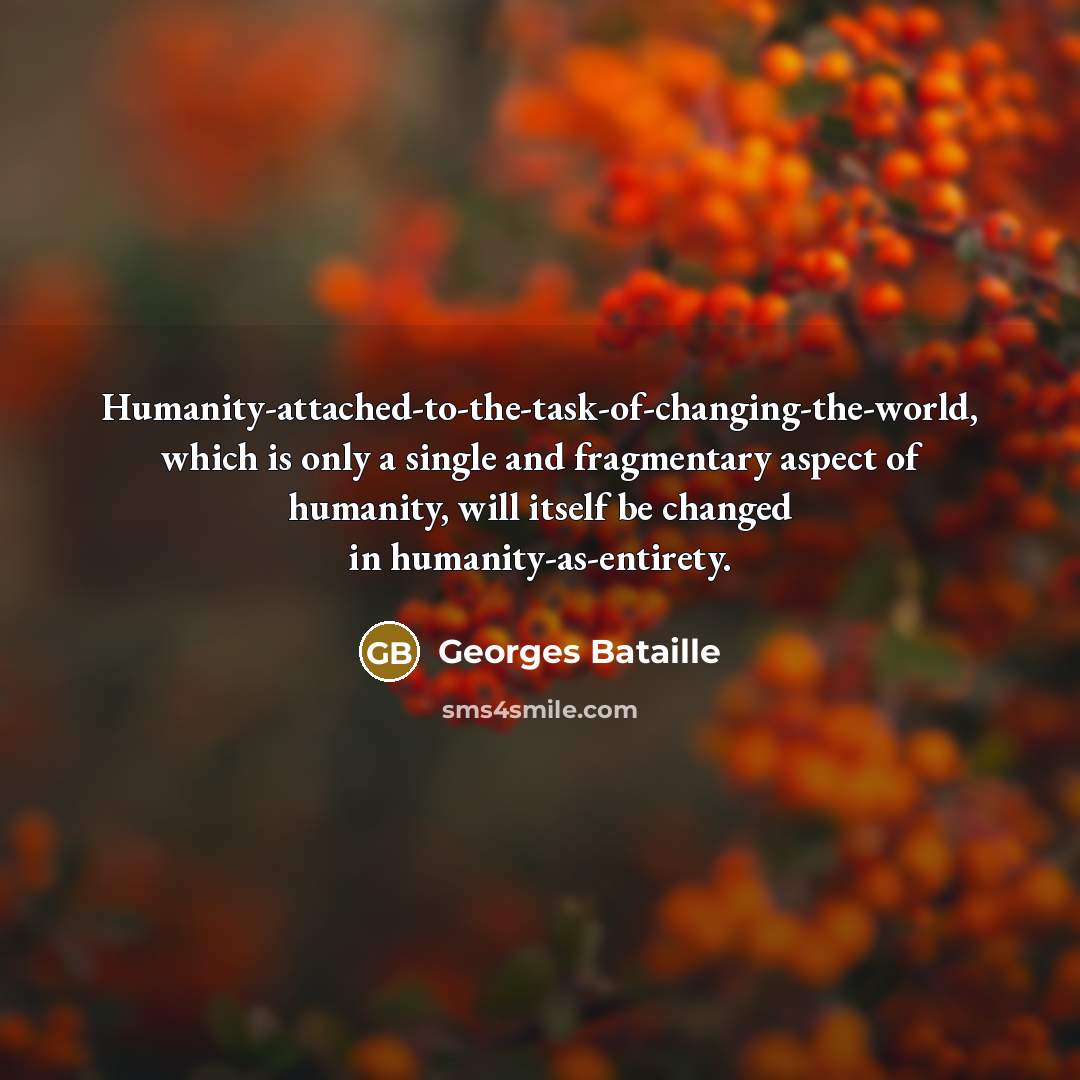 “Humanity-attached-to-the-task-of-changing-the-world, which is only a single and fragmentary aspect of humanity, will itself be changed in humanity-as-entirety.” quote by Georges Bataille